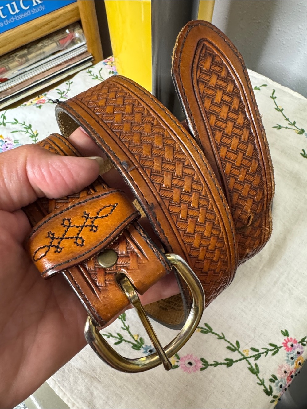 Men's Leather Work Belt Tooled Design in Cognac Brown